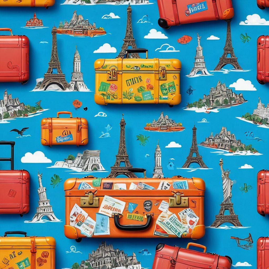A travel suitcase filled with various essential items representing different life aspects like health, property, and travel gear, set against a backdrop of popular global landmarks blending into a vibrant landscape. Illustrate insurance symbols like shields or checkmarks around the suitcase, highlighting protection and security. The scene should evoke a sense of adventure, safety, and exploration. vibrant colors. travel illustration.