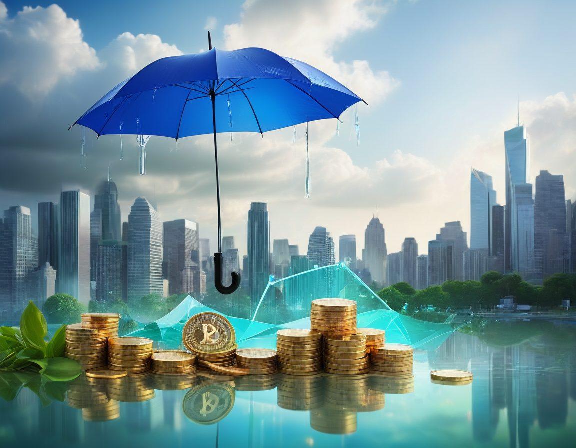 A harmonious blend of financial symbols such as coins, a rising graph, and an umbrella representing comprehensive insurance coverage, set against a serene background depicting stability and growth. Layers of transparent shields iconically representing protection around a thriving cityscape. Bright blue and green tones to symbolize trust and prosperity. super-realistic. vibrant colors.